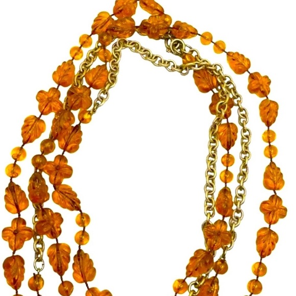 Molded Plastic Amber Bead Beaded Leaf Leaves Multistrand Gold Tone Necklace - Picture 5 of 5